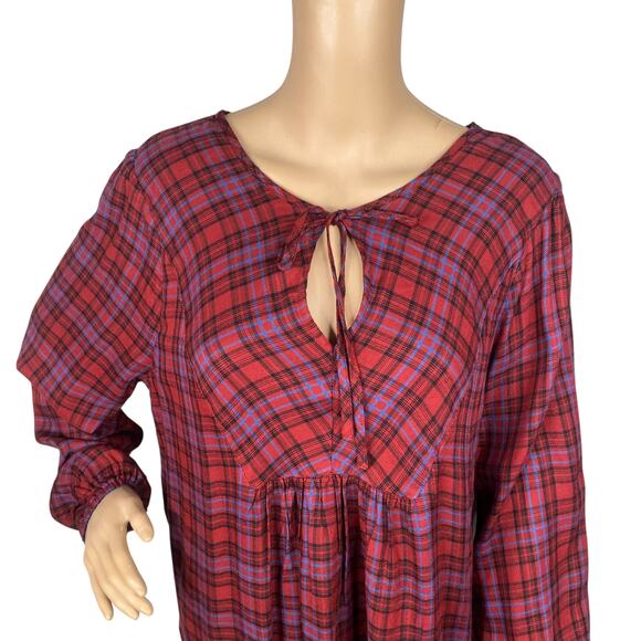 Three Dots NWT Mason Brick Red Black Plaid Babydoll Blouse Top SZ L - Picture 4 of 10